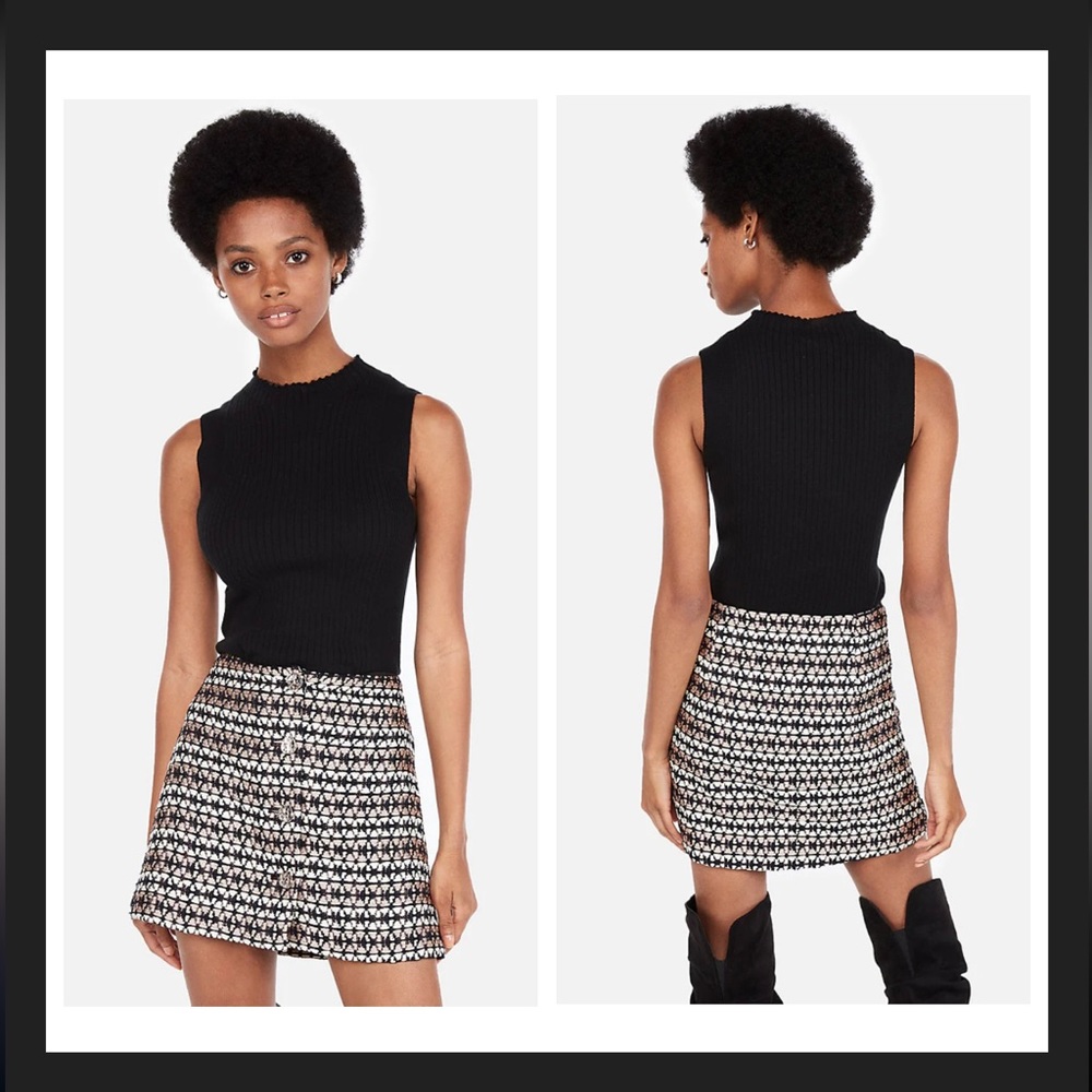 Express high waisted metallic tweed A-line mini skirt in black print
